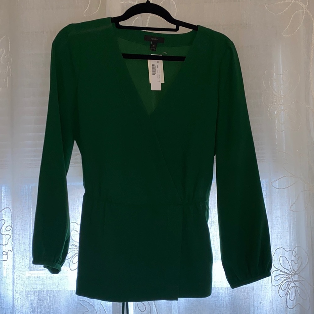 NWT JCrew long-sleeved wrap blouse; emerald green; size 8 tall